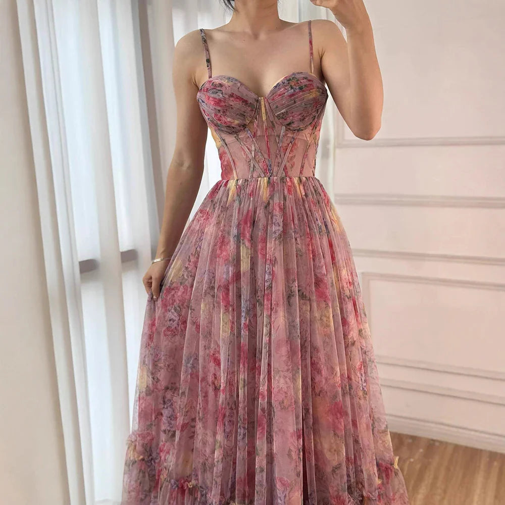 Luxury Pink A-Line Tulle Printed Ruffle Tiered Prom Dress LA73149