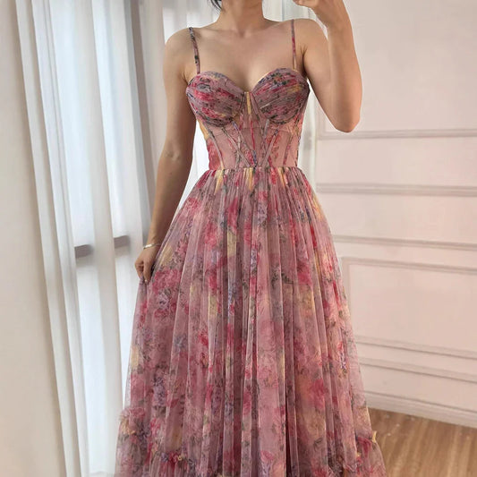 Luxury Pink A-Line Tulle Printed Ruffle Tiered Prom Dress LA73149