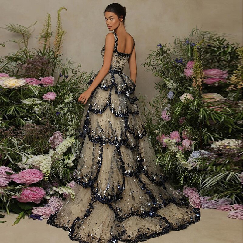 Designer Sparkly Sequin Tiered Ruffles Ball Gown Evening Dress LA72505
