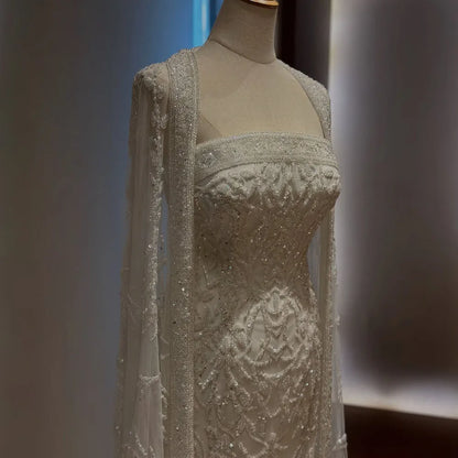 Luxury White Dubai Arabia Beading  Evening Dress With Cape LA72870