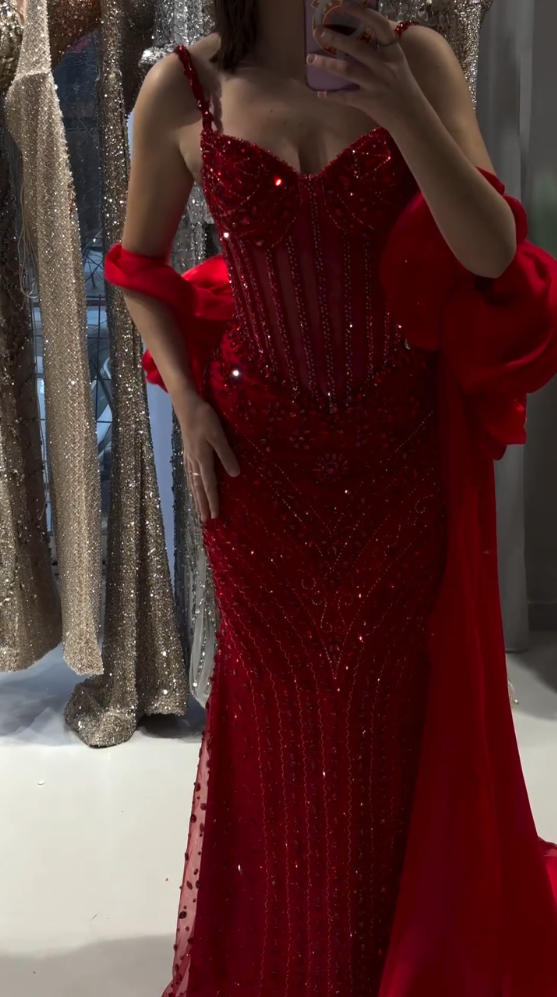 Luxury Wine Red Spaghetti Strap Beaded Evening Dress With Flower Cape LA73546