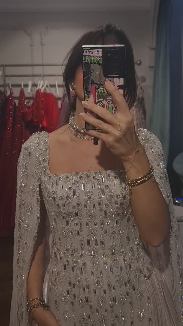 Luxury Silver Dubai Crystal Evening Dress with Cape LA73272