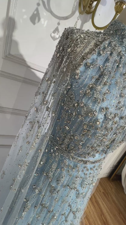 Luxury Blue Beaded A-Line Evening Gown with Cape Sleeves LA71803G