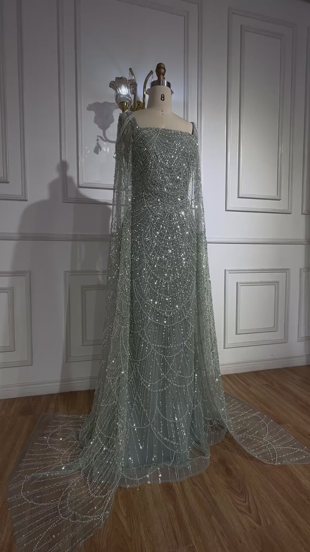 Luxury Turquoise Beaded Pearl Arabic Evening Dress with Cape Sleeves LA72590