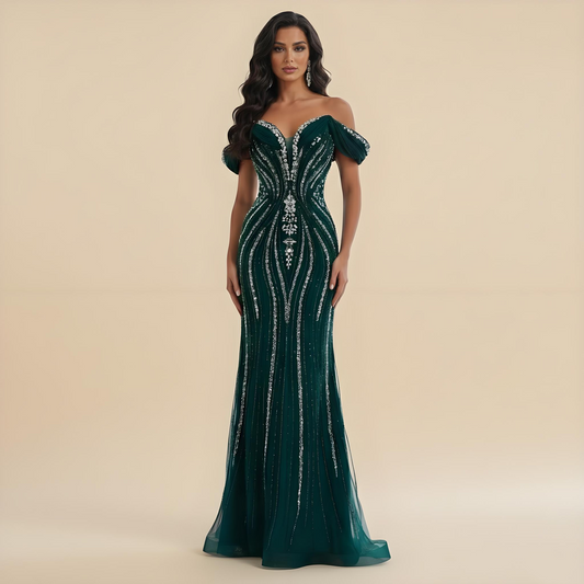 Luxury Gold Crystal Beaded Mermaid Evening Dress LA73142