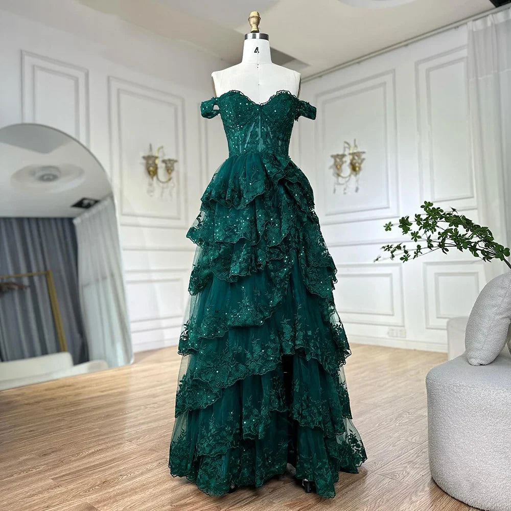 SERENE HILL A-Line/Princess Tulle Lace er Court Train Prom  Dress With Ruffles Sequins LA72586