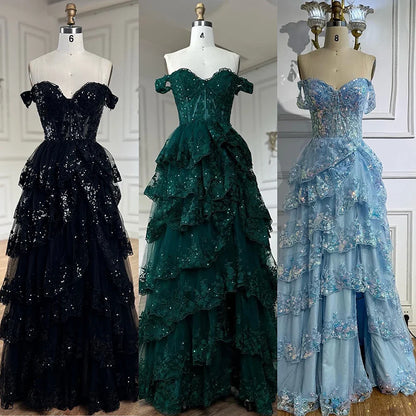 SERENE HILL A-Line/Princess Tulle Lace er Court Train Prom  Dress With Ruffles Sequins LA72586