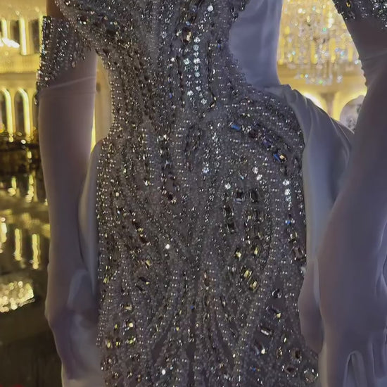Heavily Beaded Gown, Crystal Embellishment, Strapless Corset Dress, Satin Overskirt, Glamorous Evening Wear, Couture Bridal, Embellished Gloves.