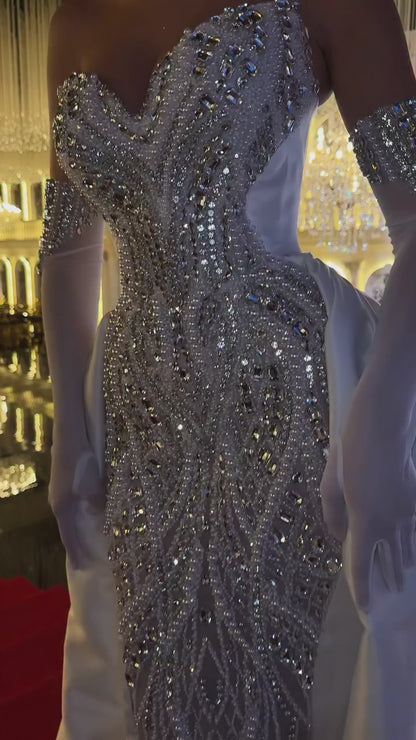 Heavily Beaded Gown, Crystal Embellishment, Strapless Corset Dress, Satin Overskirt, Glamorous Evening Wear, Couture Bridal, Embellished Gloves.