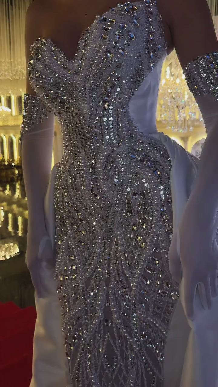 Heavily Beaded Gown, Crystal Embellishment, Strapless Corset Dress, Satin Overskirt, Glamorous Evening Wear, Couture Bridal, Embellished Gloves.