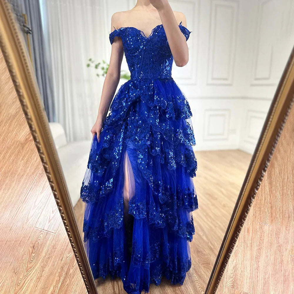 SERENE HILL A-Line/Princess Tulle Lace er Court Train Prom  Dress With Ruffles Sequins LA72586